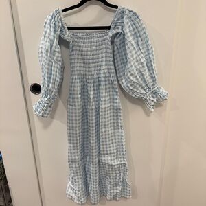 100% Linen Daily Sleeper -esque Blue Gingham Atlanta Off-Shoulder Shirred Midi M